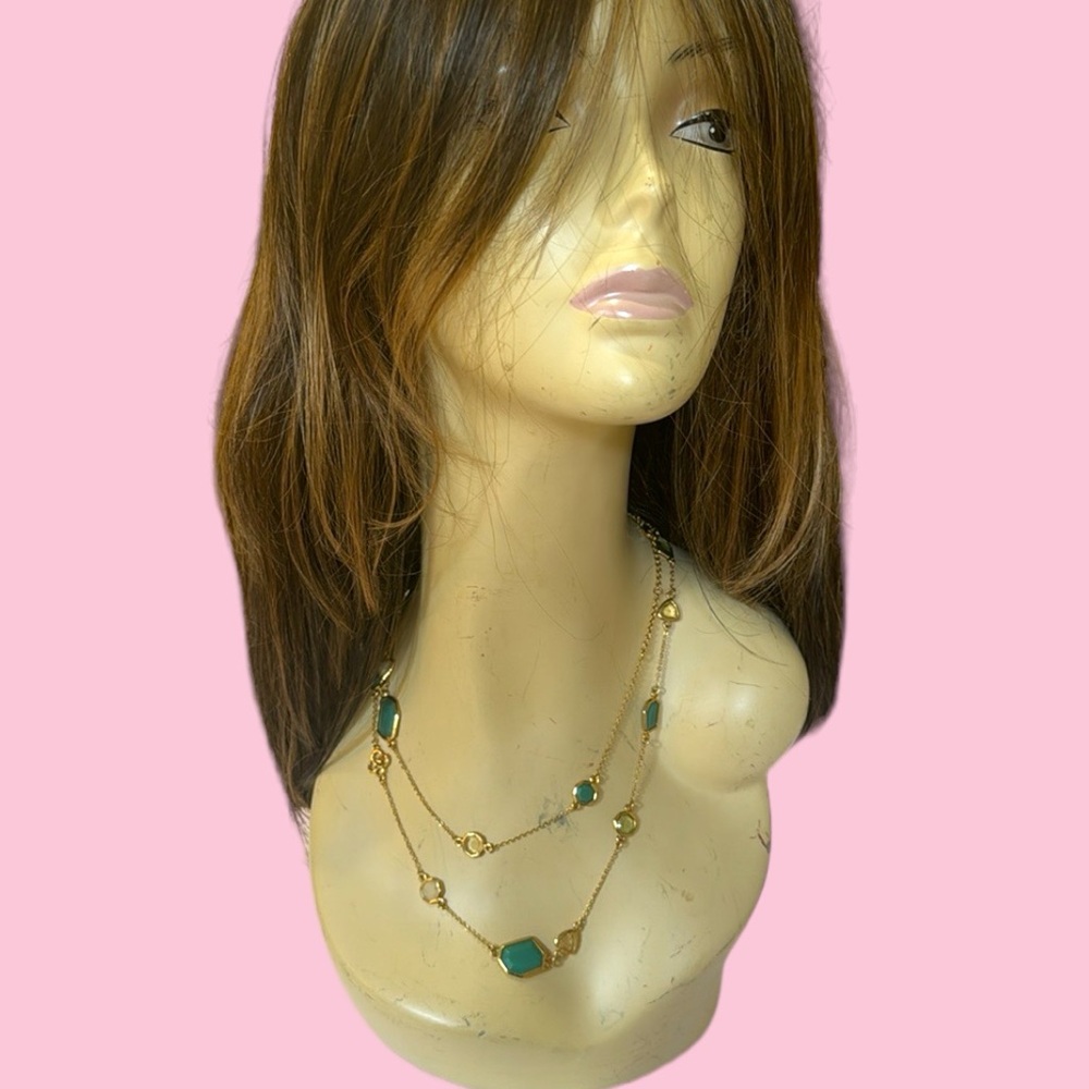 STELLA & DOT JEWELED GOLD GREEN CHAIN NECKLACE 38 INCHES
